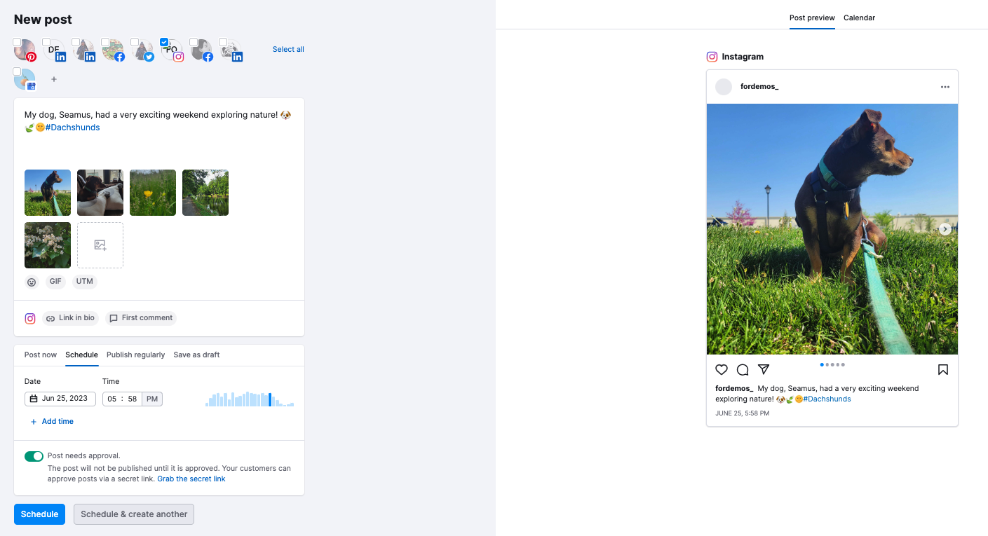 Semrush's Social Poster tool, creating a new carousel post. On the left is the post editor, showing thumbnails, post text, and the post scheduler. On the right is the post preview.