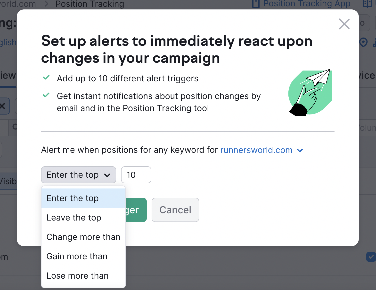 "Set up alerts to immediately react upon changes in your campaign" pop up window