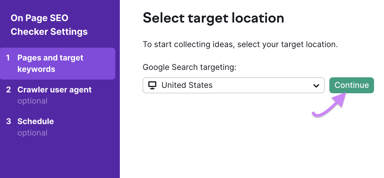 "Select target location" window in On Page SEO Checker settings