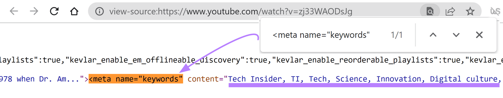 Results for <meta name=“keywords” search in HTML source code.