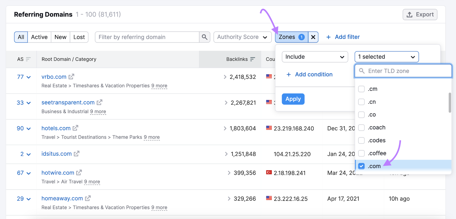 Selecting a filter to include ".com" domains under "Referring Domains" report