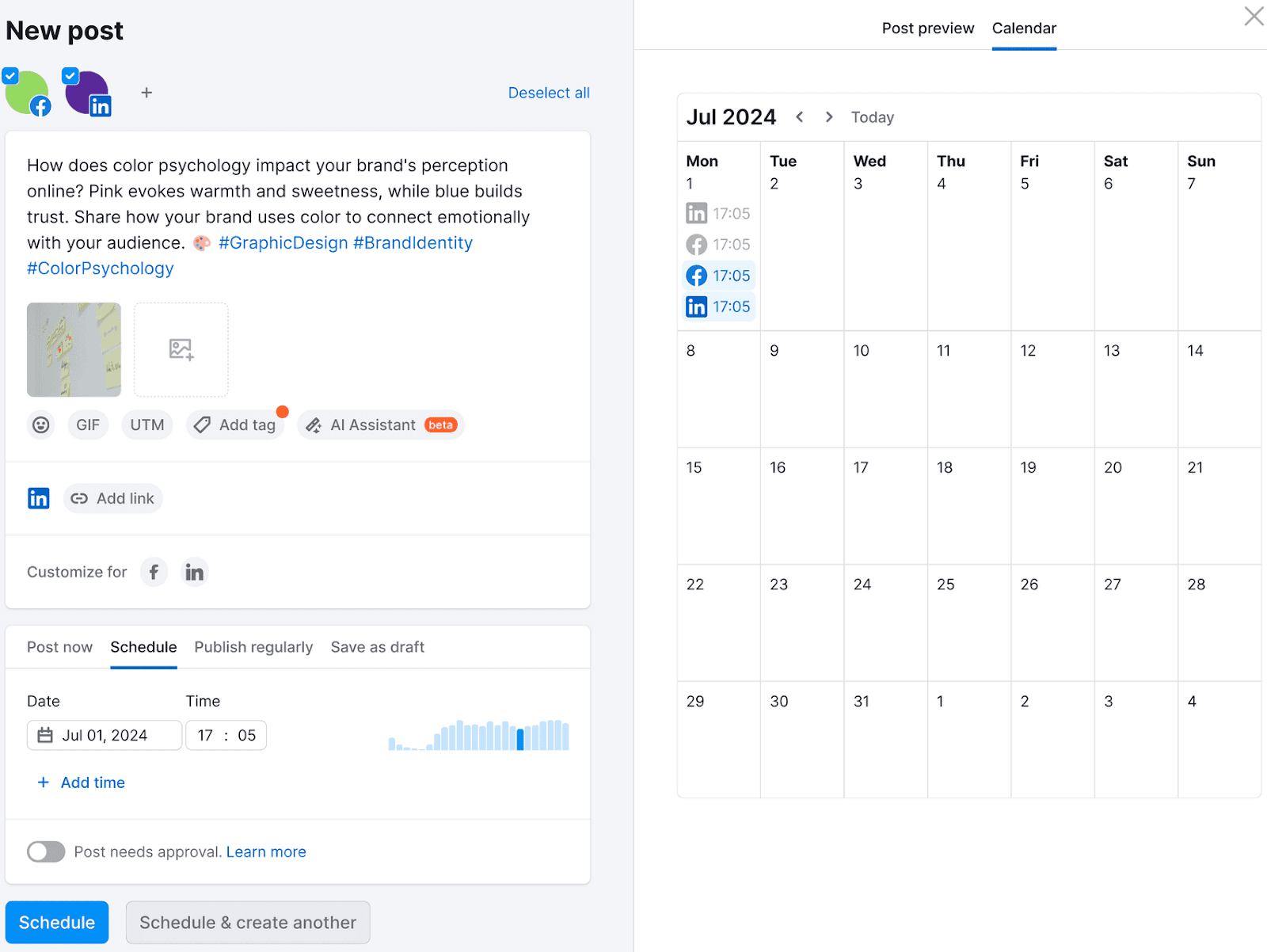 Semrush Social Poster tool social media scheduling interface showing a new post for LinkedIn and Facebook