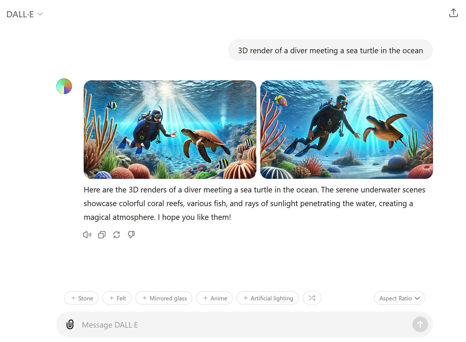 Dall-E generated images successful  effect   to a punctual  for '3D render of a diver gathering  a oversea  turtle successful  the ocean'