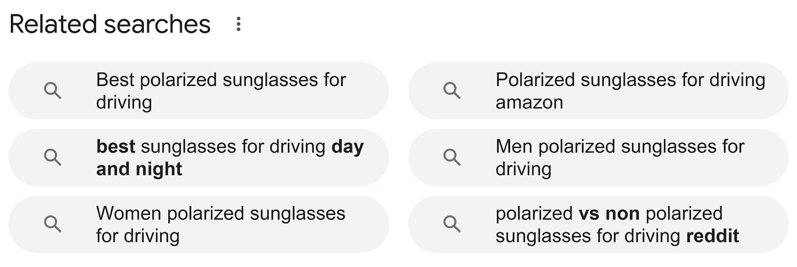 Google's "related searches" conception  for “polarized sunglasses for driving”