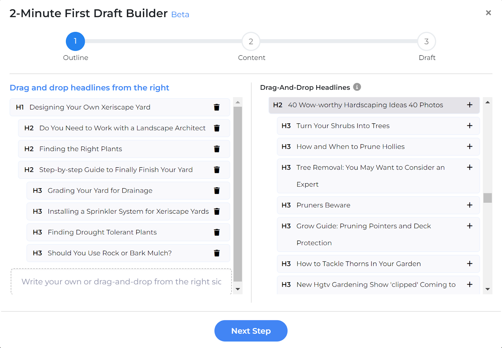 GrowthBar's 2-Minute First Draft Builder con opciones de titulares y subtítulos.