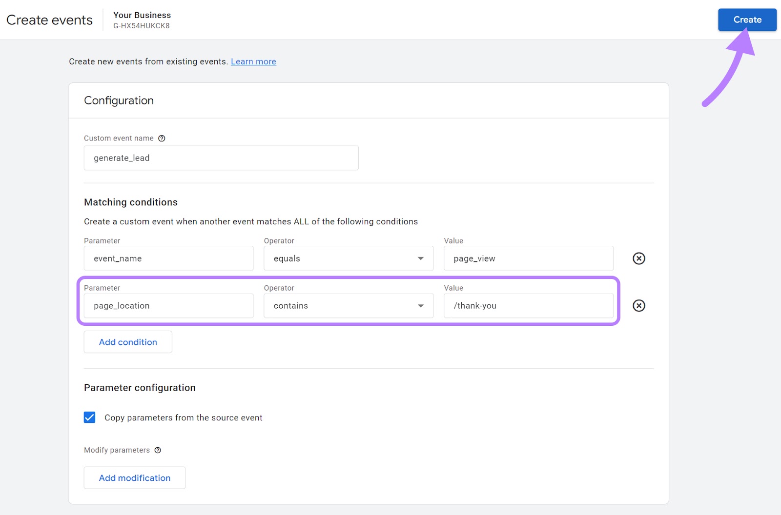 "Create" fastener  connected  the events configuration page