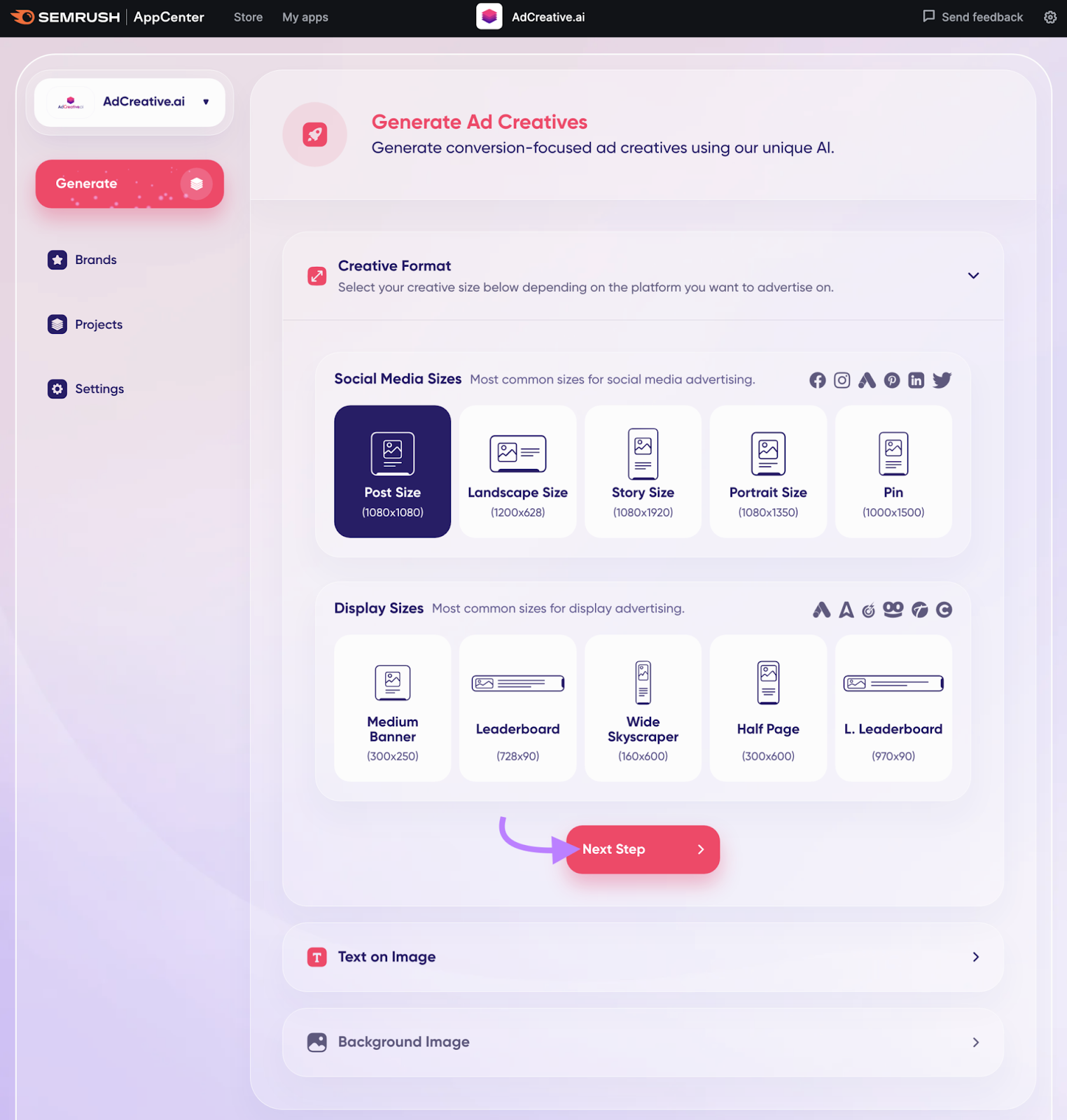 AdCreative.ai homepage with the Generate Ad Creatives menu open and available asset types displayed