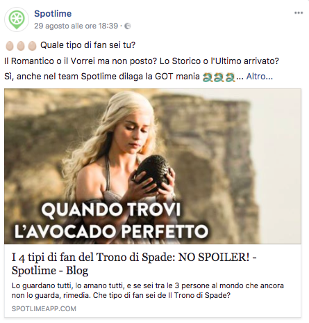 Esempio di contenuto divertente e hot topic da sfruttare sui social