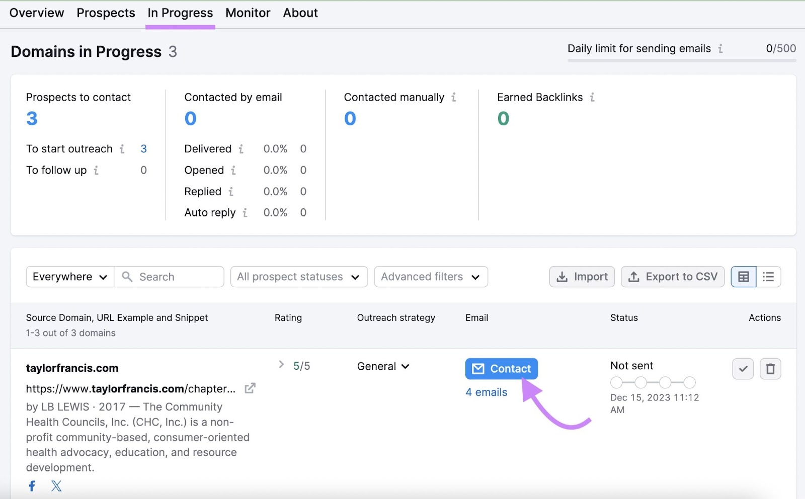 Bouton "Contact" sélectionné à côté de "taylorfrancis.com"