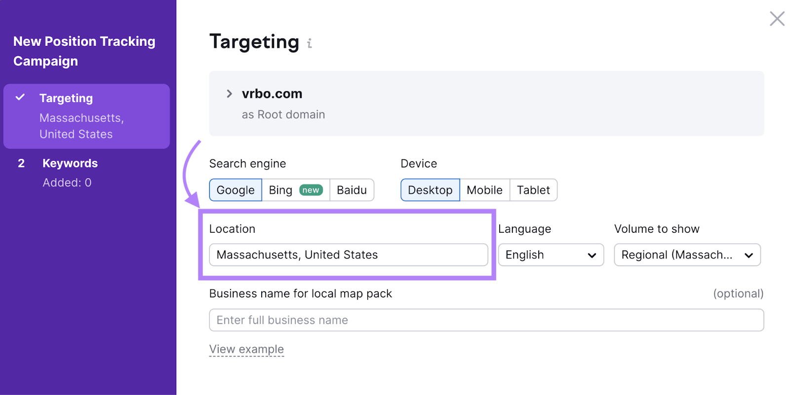 "Targeting" window in Position Tracking tool settings