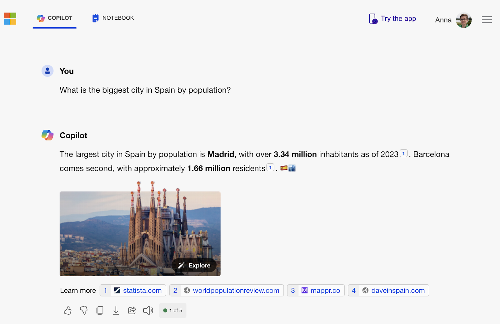 Microsoft Copilot response to the question 'What is the biggest city in Spain by population?'