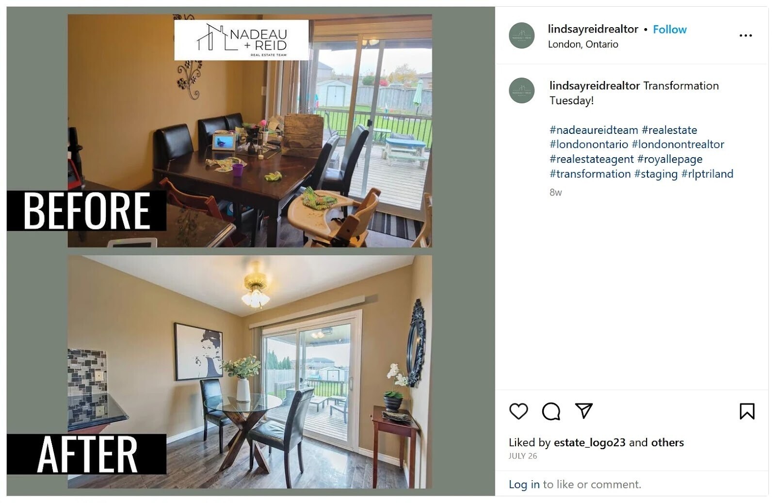 An Instagram post showing before and after images of a property