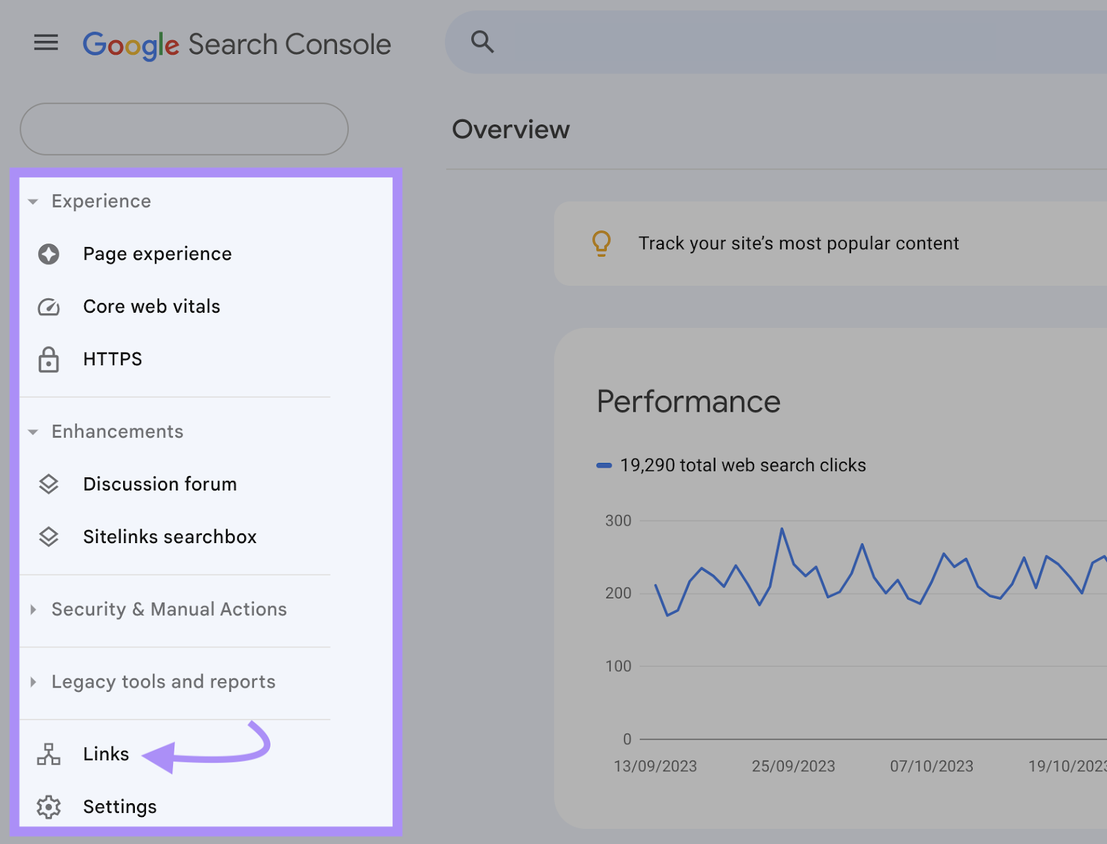 Navigating to “Links” in the Google Search Console menu