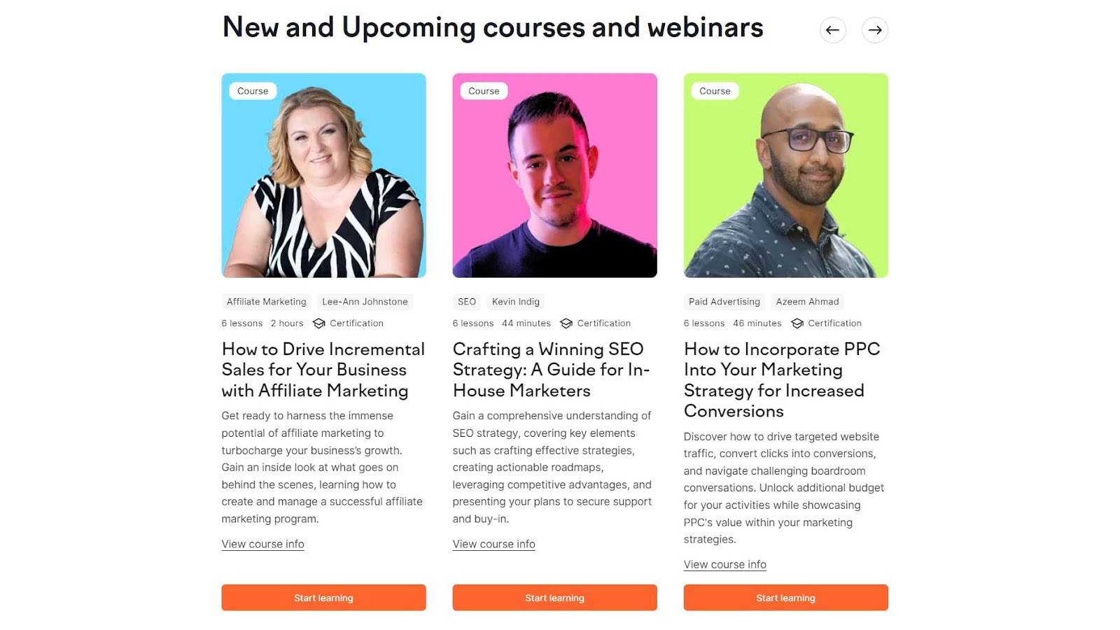 New and upcoming courses and webinars page on Semrush Academy