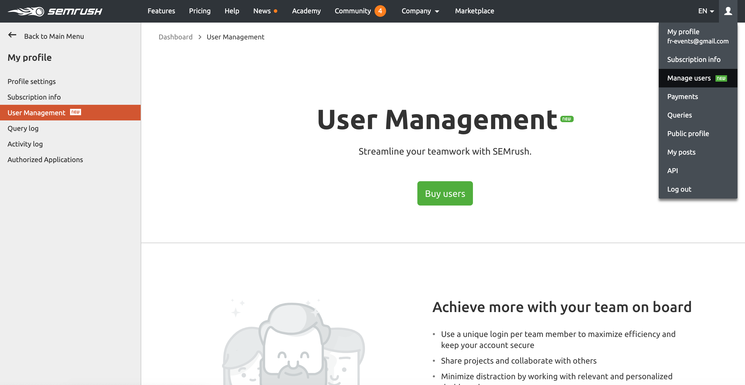 Section Gestion des utilisateurs dans SEMrush