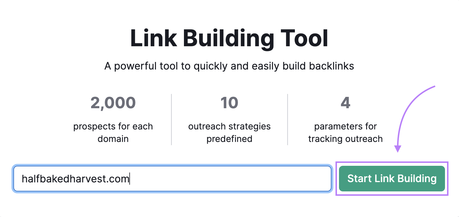 "halfbakedhafvest.com" entered into the Link Building Tool search bar