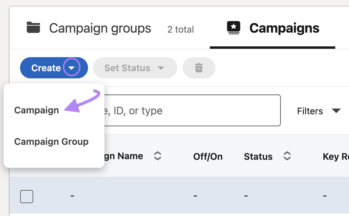 LinkedIn Ads campaign groups dashboard with 'Campaign' button highlighted