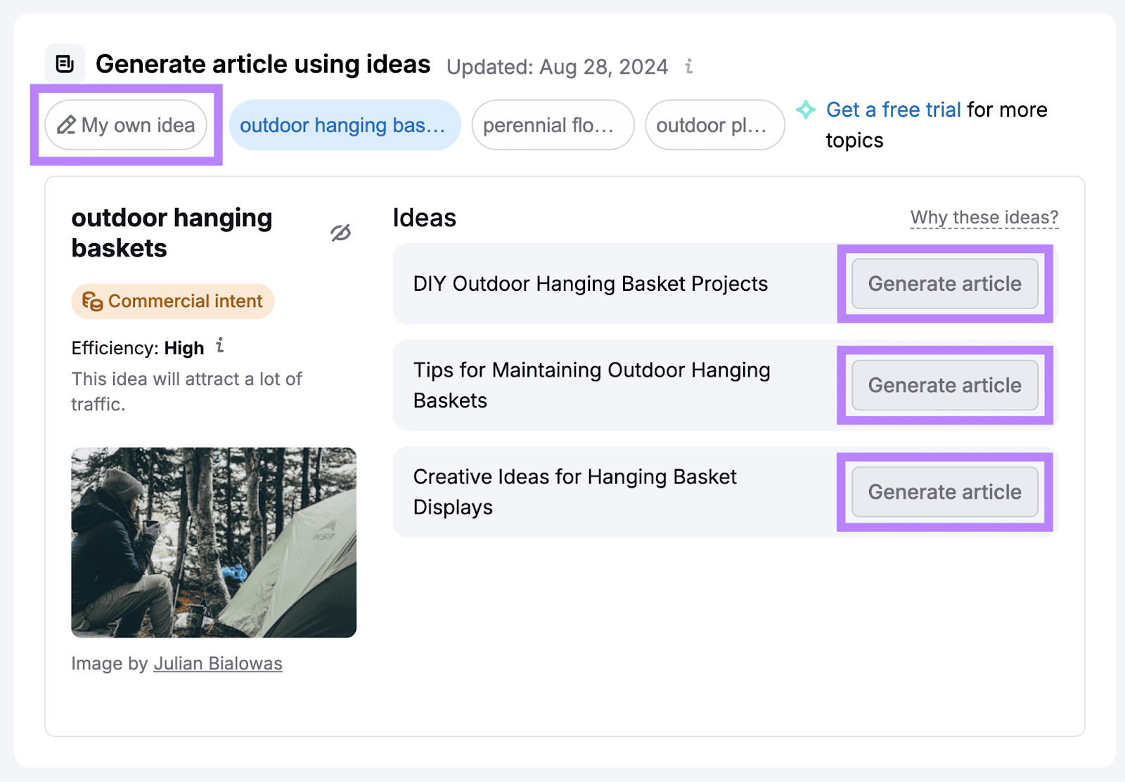 article ideas generated by ContentShake AI like "DIY Outdoor Hanging Basket Projects" and "Tips for Maintaining Outdoor Hanging Baskets."