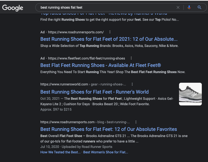 google search results for term best running shoes flat feet