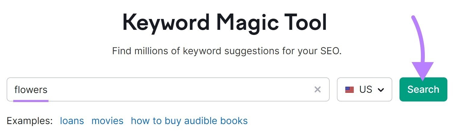 "comprar libros" introducido en la barra de búsqueda de Keyword Magic Tool