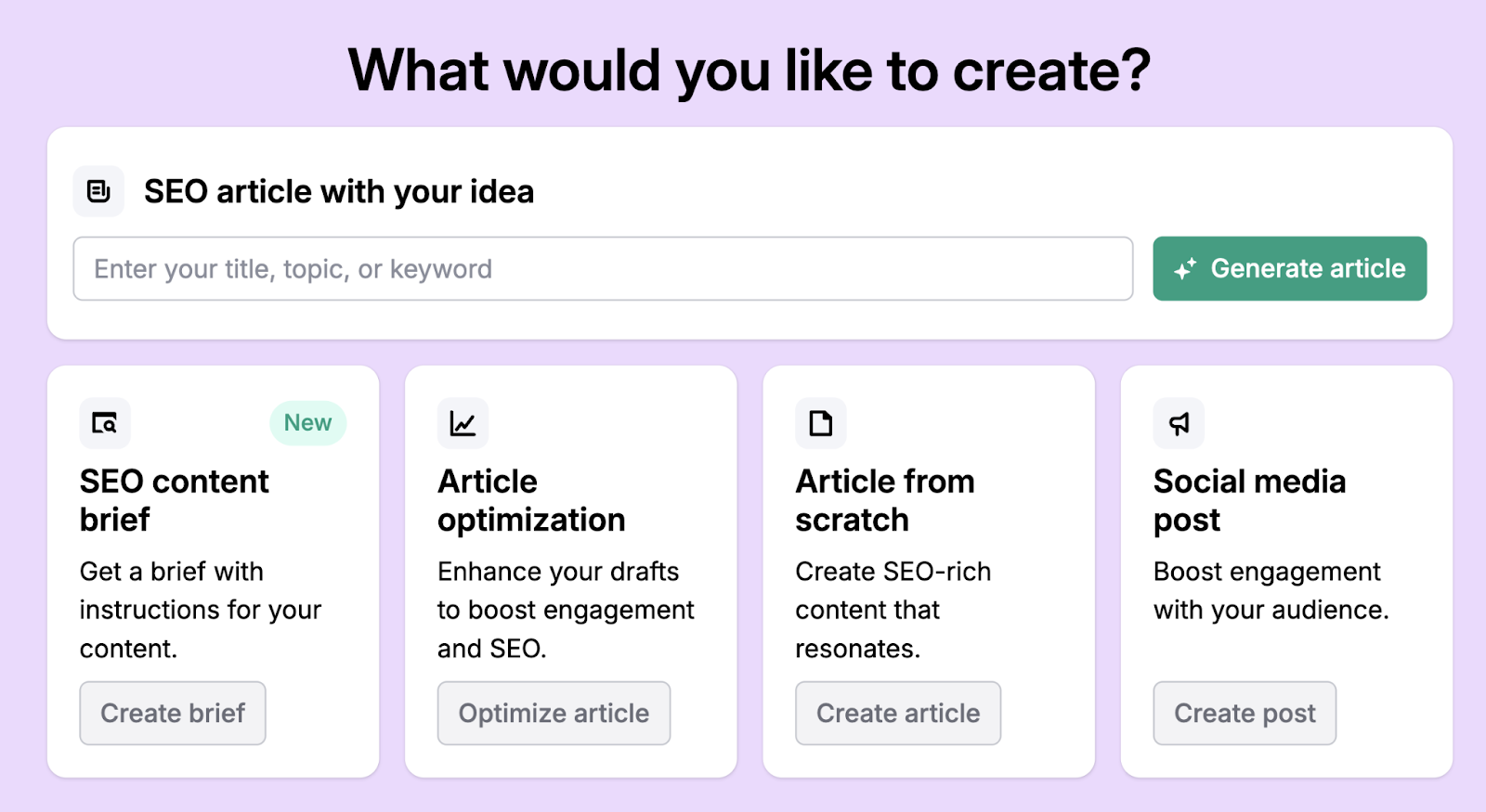 You can enter a title, topic, or keyword into this blog writing tool in order to create an SEO content brief, create an article from scratch, and more.