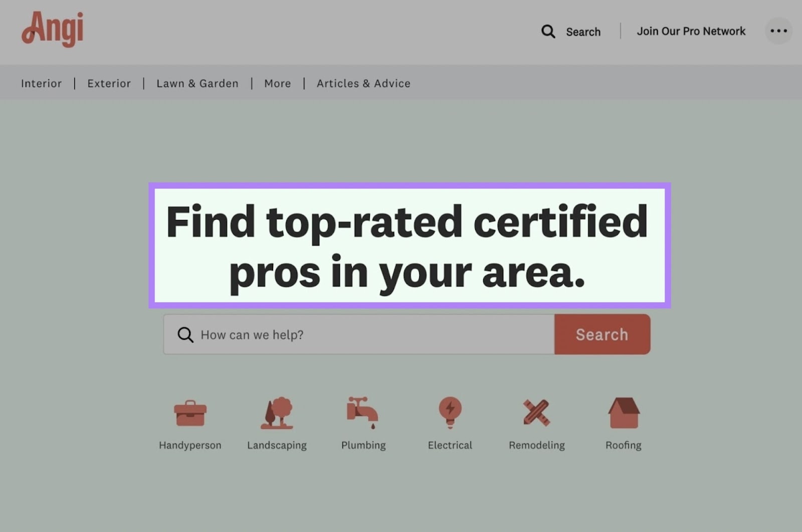 Angi landing page with compelling 'Find top-rated certified pros in your area' headline highlighted