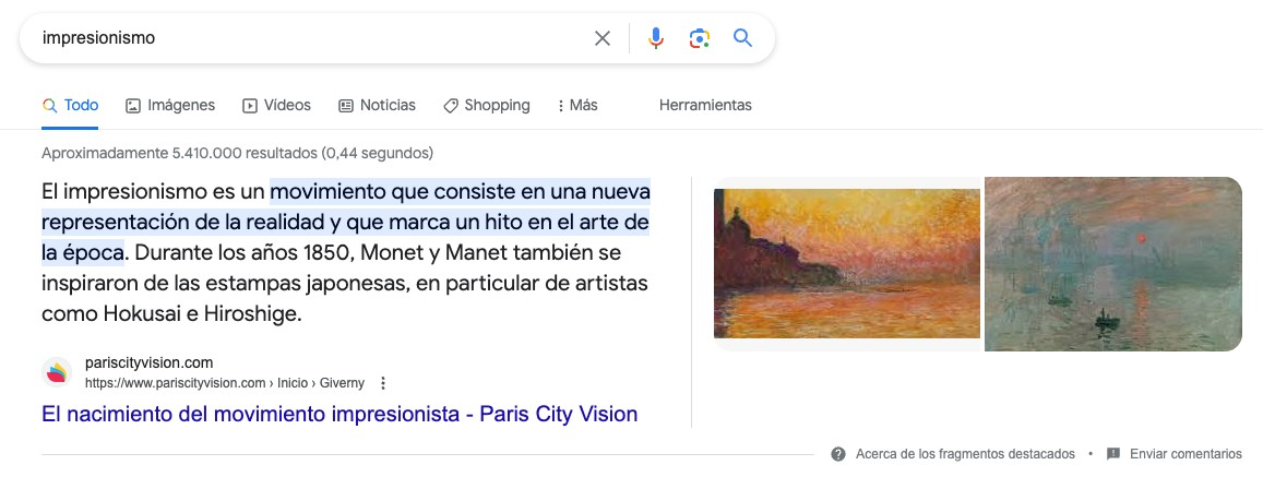 Ejemplo de SERP para una búsqueda sobre "impresionismo"