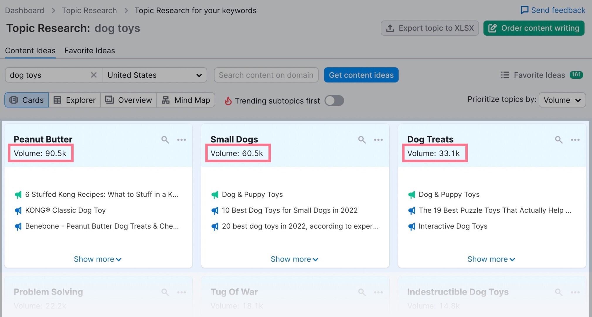 semrush topic ideas dashboard with various content ideas