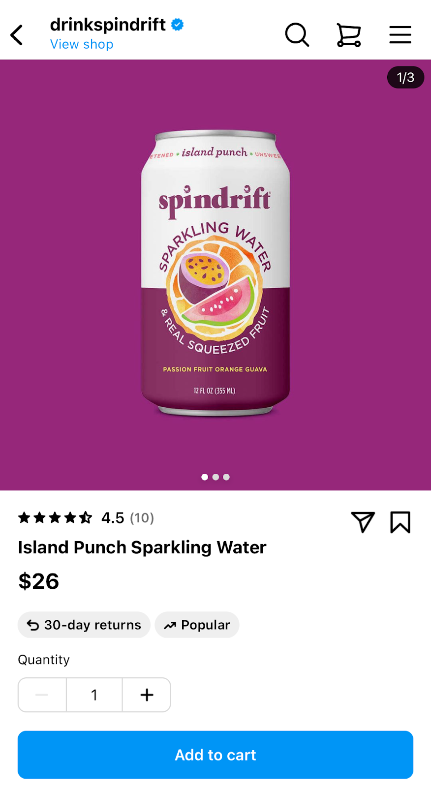 in-instagram product page for drinks brand spindrift showing sparkling water can