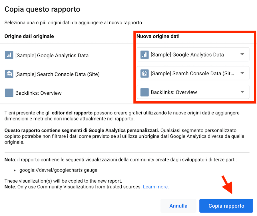 copia rapporto google data studio, origine dati