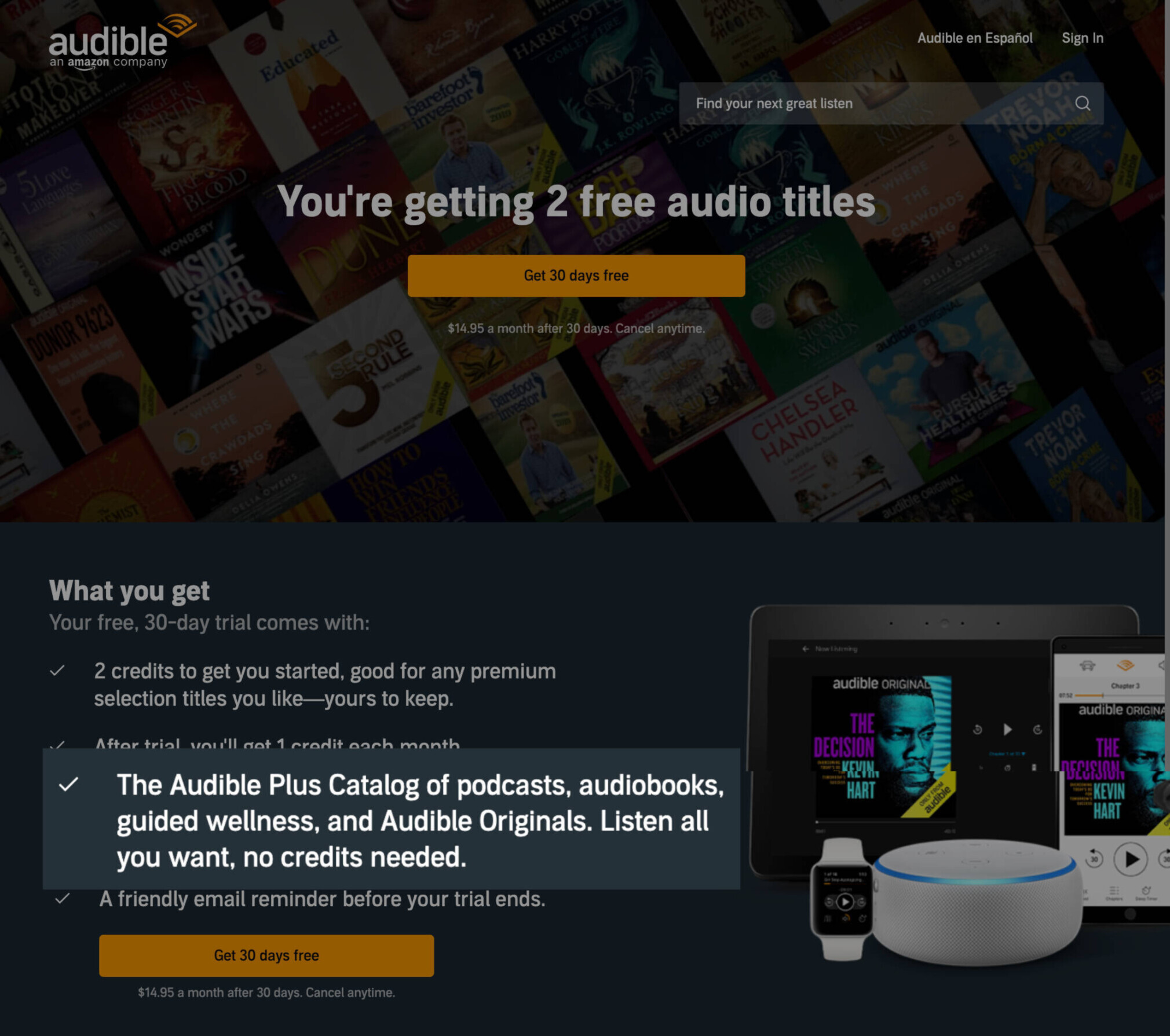 Audible's landing page that also highlights their large catalog
