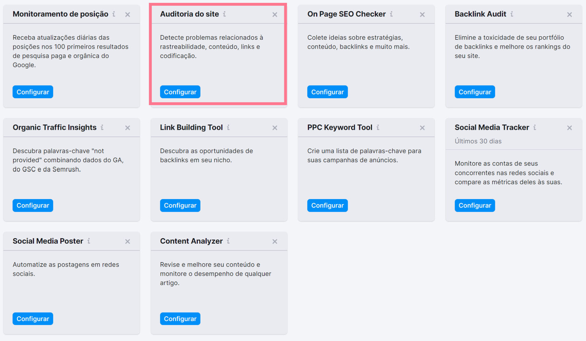 configurando projeto na ferramenta auditoria de site