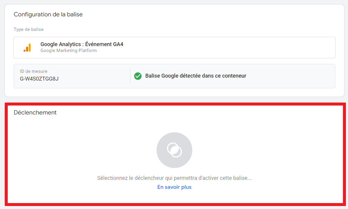 Section déclenchement dans la configuration de la balise