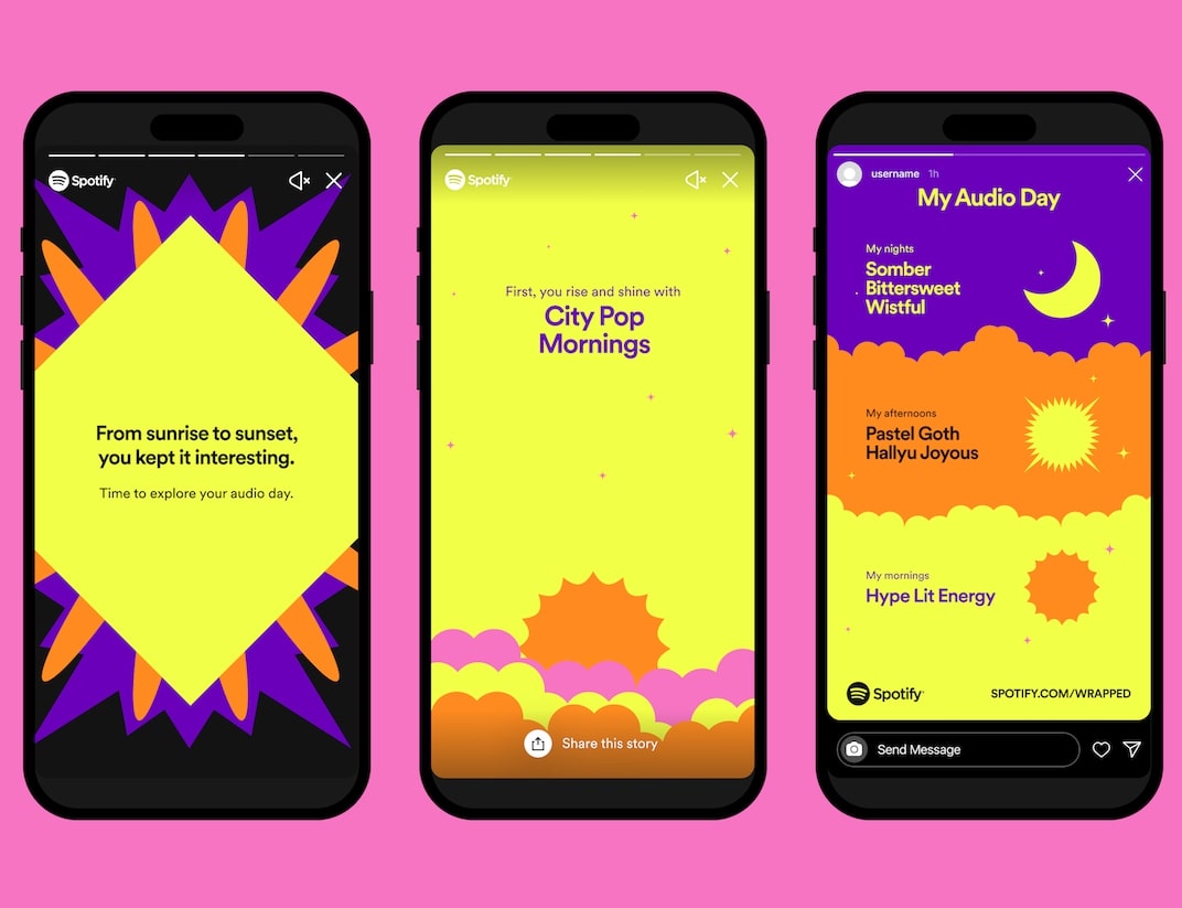 Three Spotify Wrapped screens shown in Instagram stories