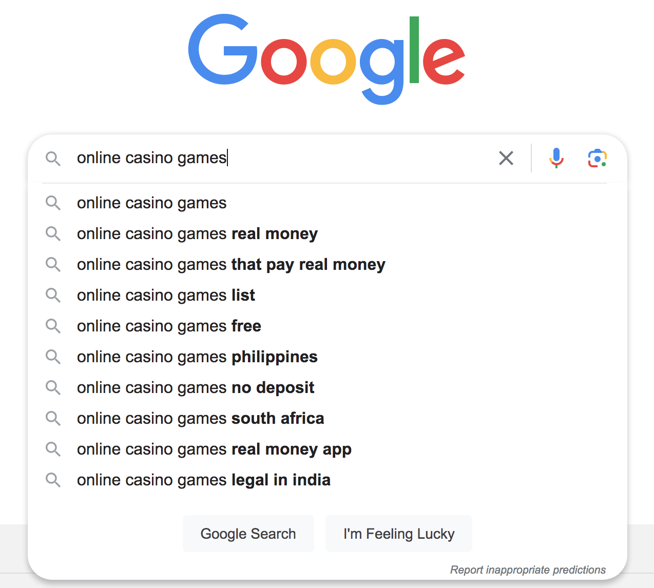 Google autocomplete suggestions when typing "online ****** games"