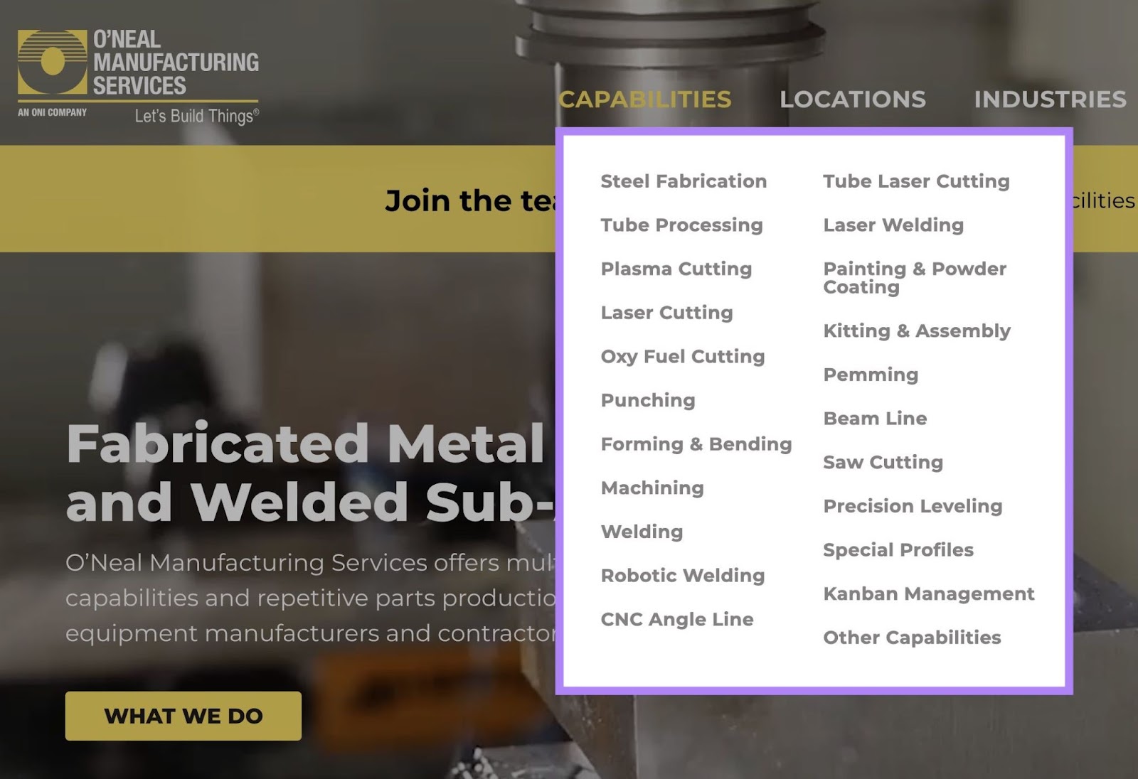 A steel manufacturing website with a separate page targeting a different keyword for each of its manufacturing capabilities.