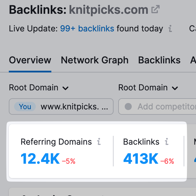 "Referring Domains" and "Backlinks" widgets in Backlink Analytics overview report