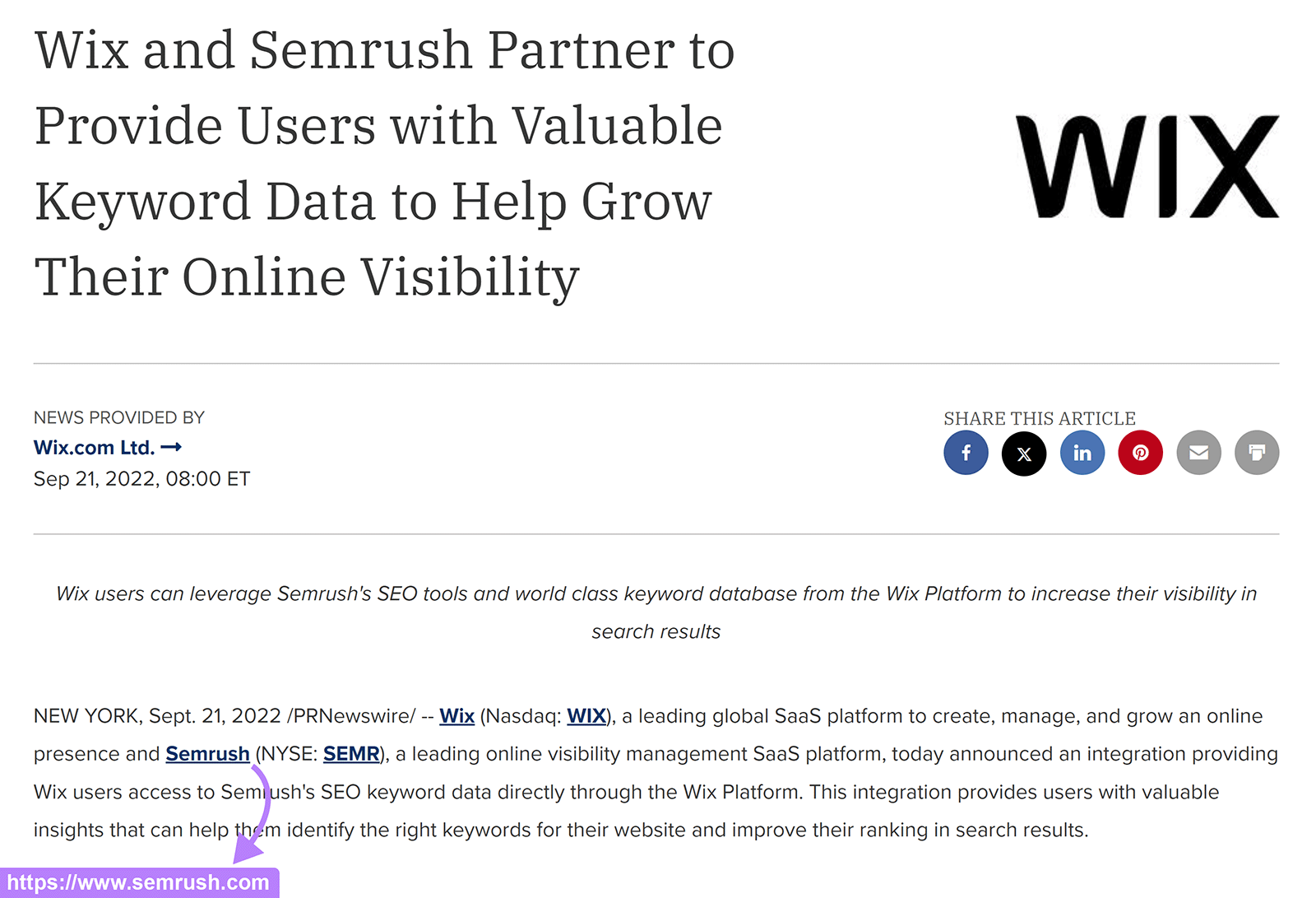 Wix Press release with backlink to Semrush homepage