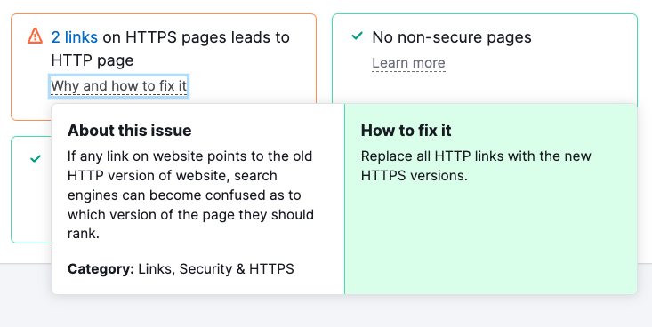 "Why and how to fix it" pop-up opened under "2 links on HTTPS pages leads to HTTP page” block