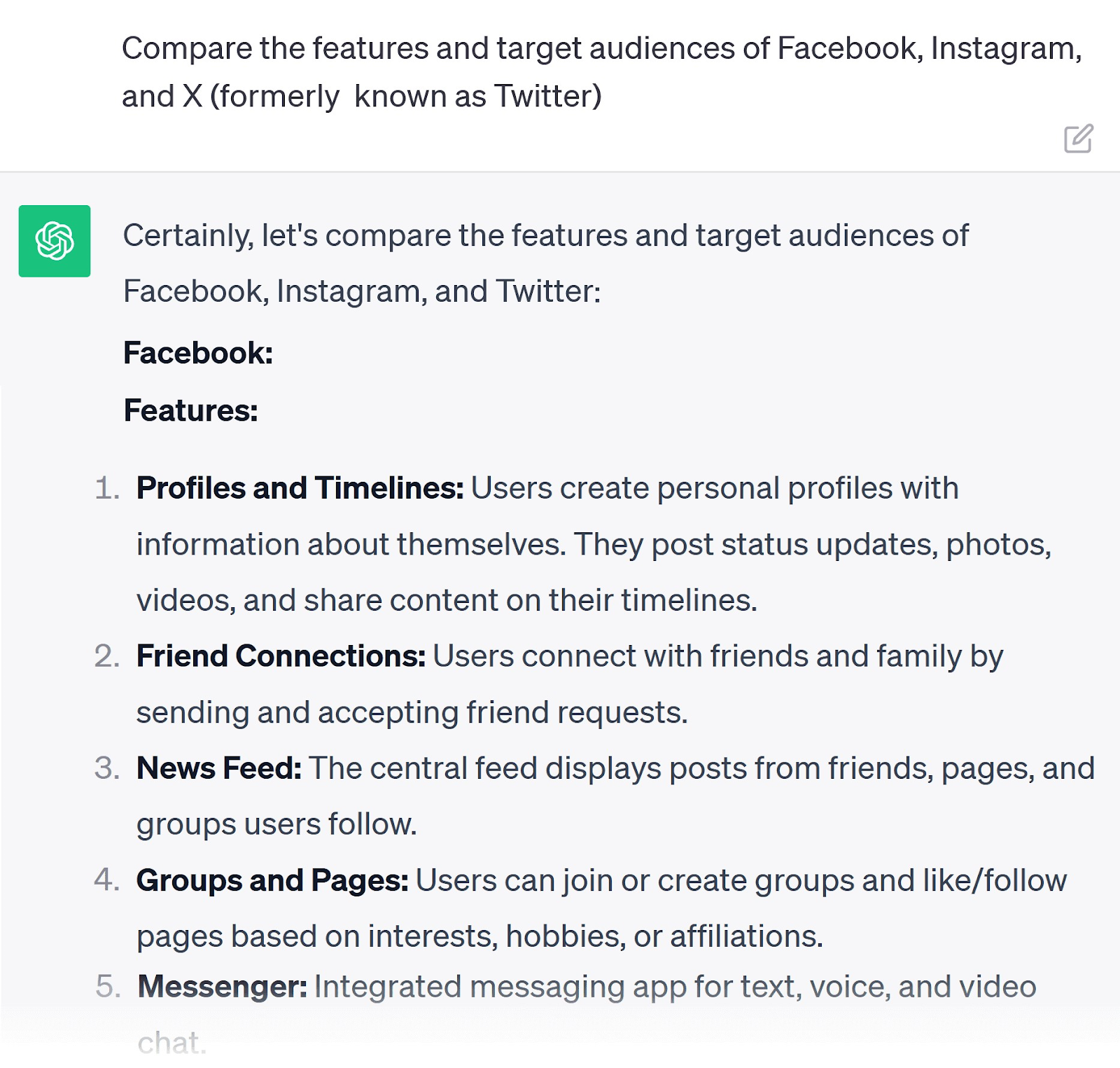 A prompt asking ChatGPT to compare features and target audiences of Facebook, Instagram and X