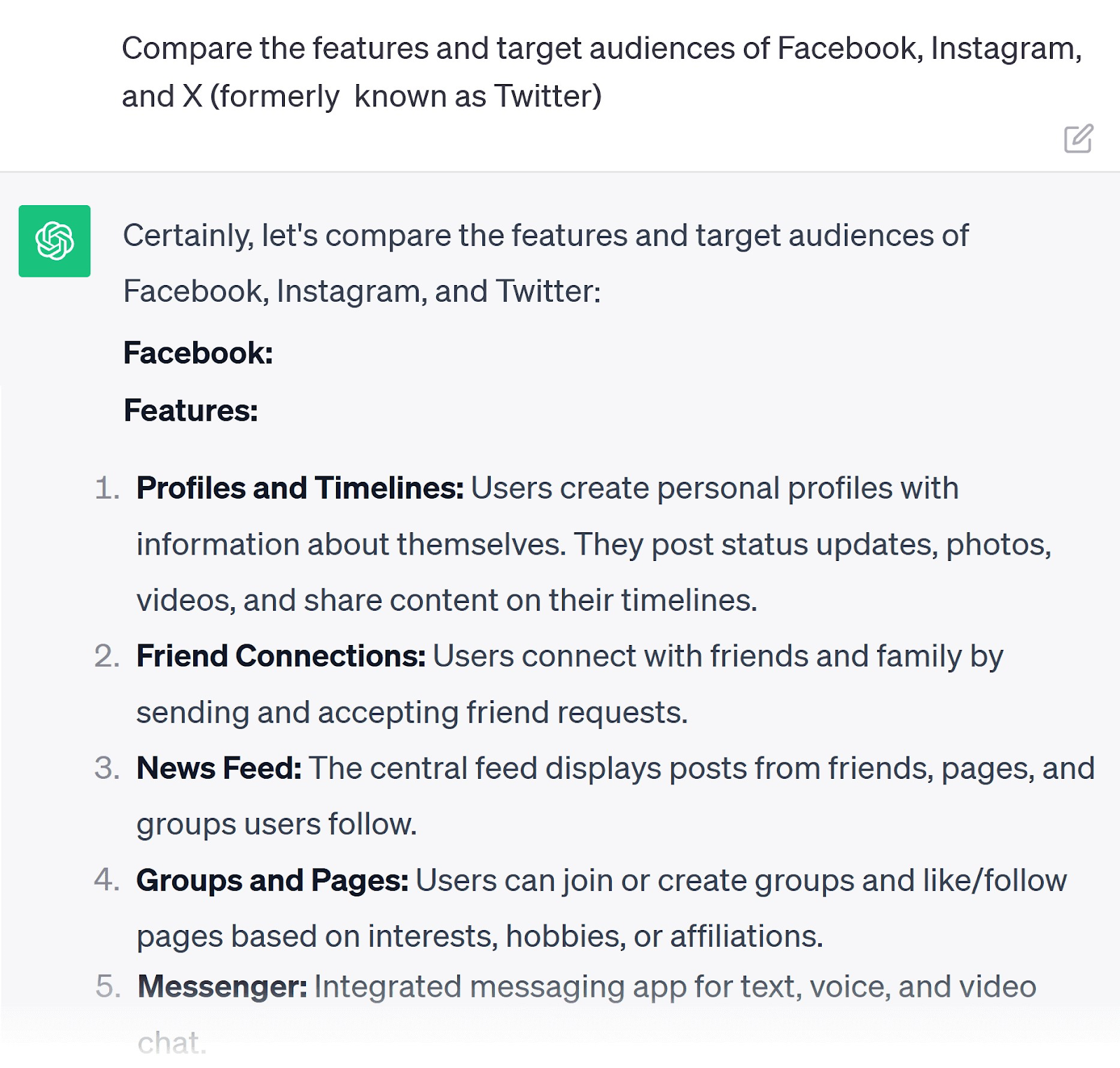 Un prompt che chiede a ChatGPT di confrontare le caratteristiche e il pubblico target di Facebook, Instagram e X
