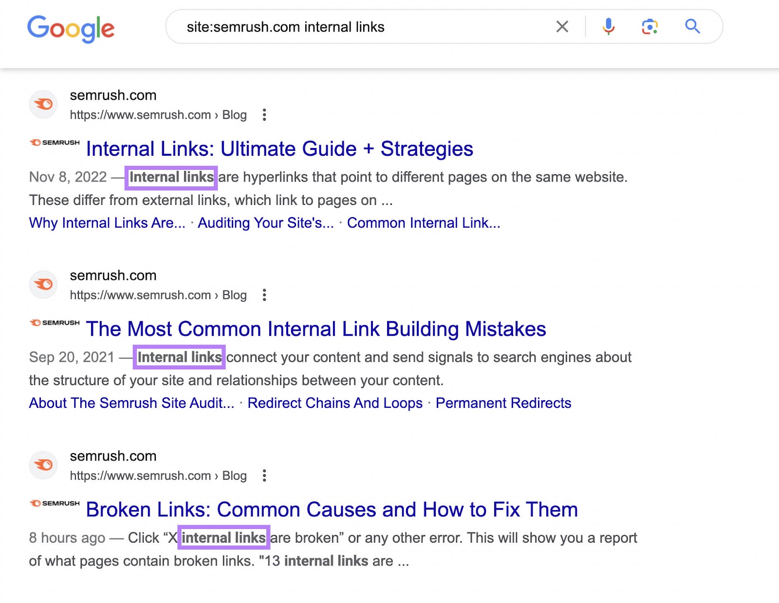 Google search results for “site:semrush.com internal links” query