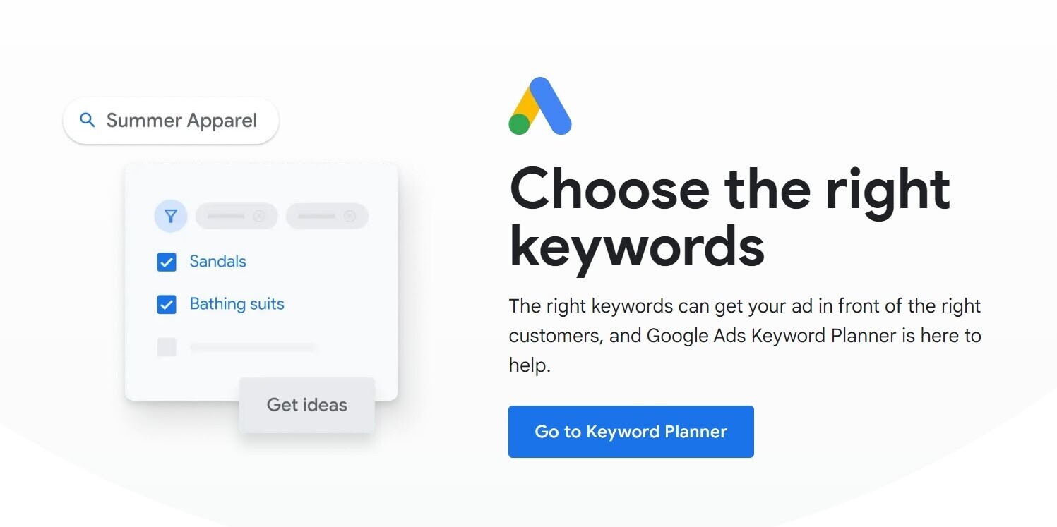 Google 關鍵字規劃工具主頁，標題為「選擇正確的關鍵字」和「前往關鍵字規劃師」按鈕