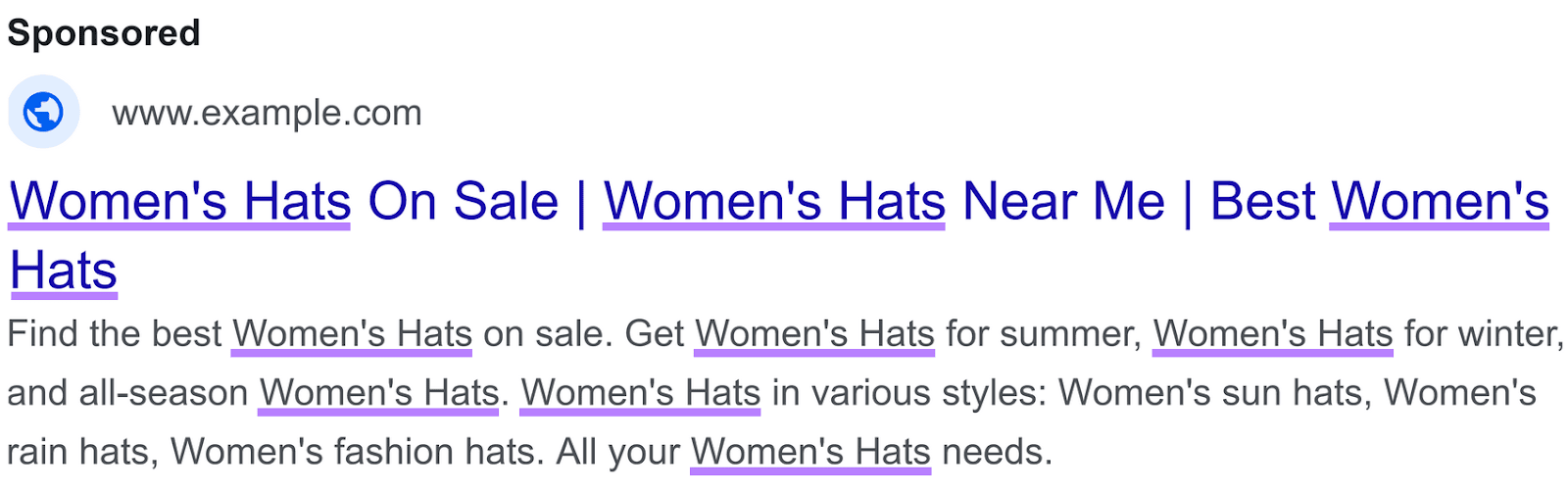 A PPC advertisement  mockup for "women's hats" showing keyword stuffing