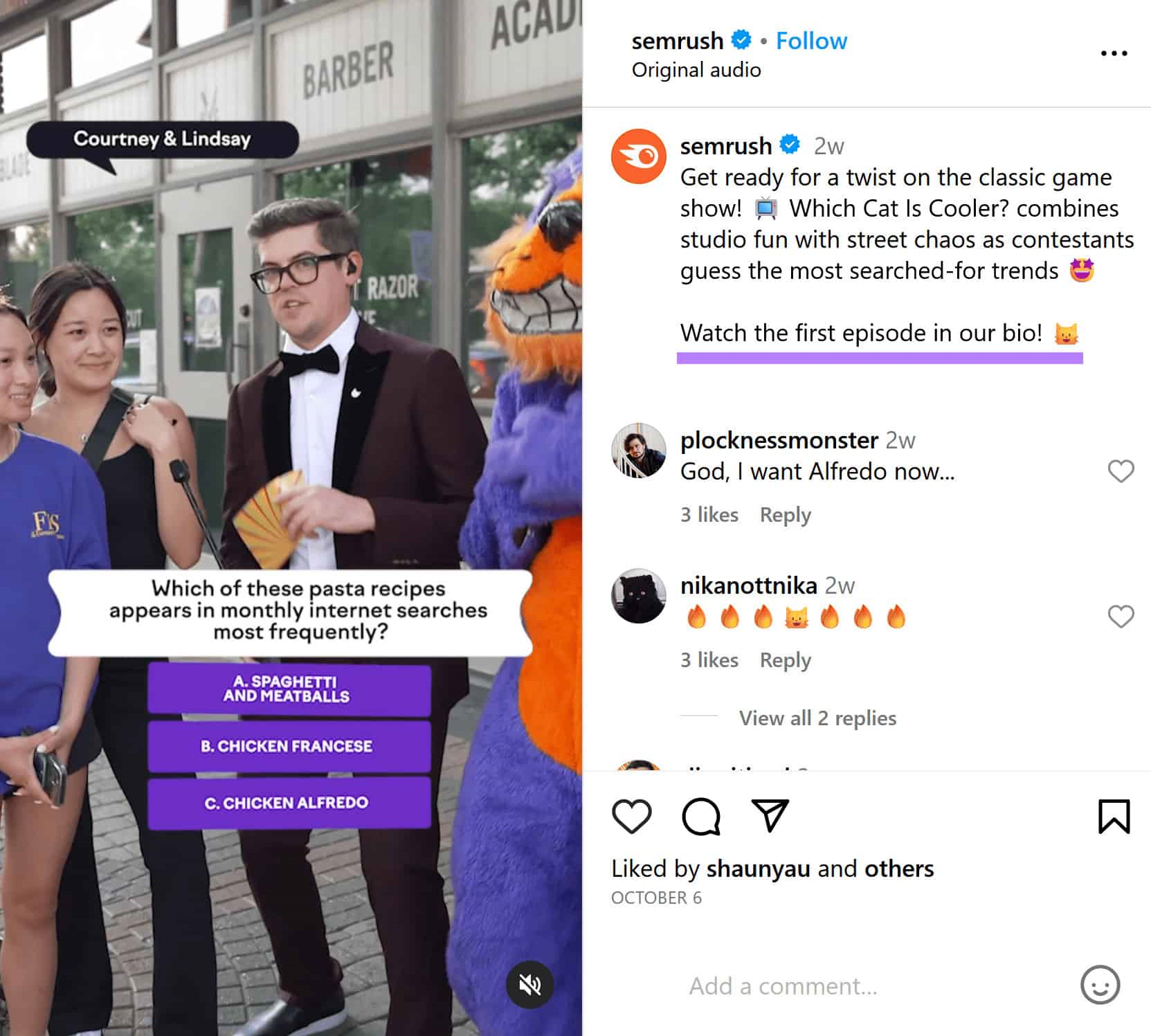 Semrush's Instagram post asking users to "Watch the first episode in our bio!"