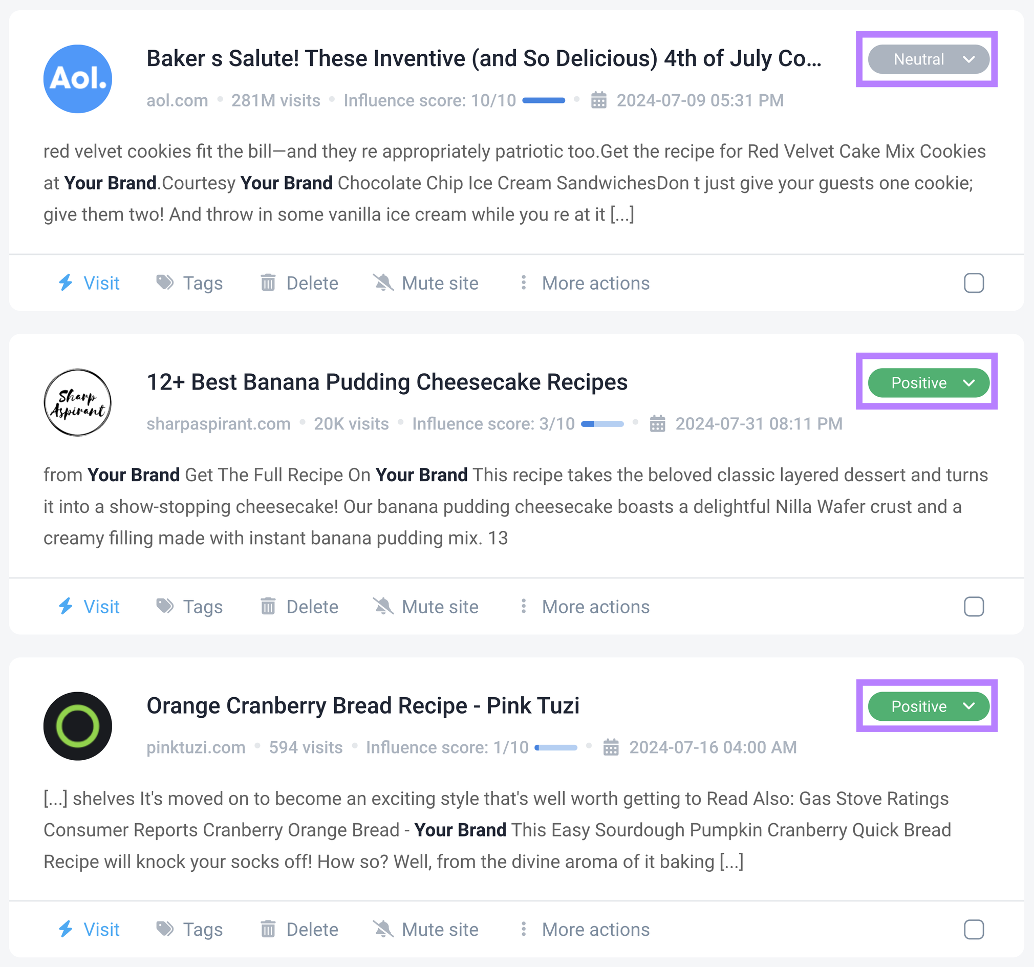 Brand24's sentiment analysis feature, showing one neutral mention and two positive ones