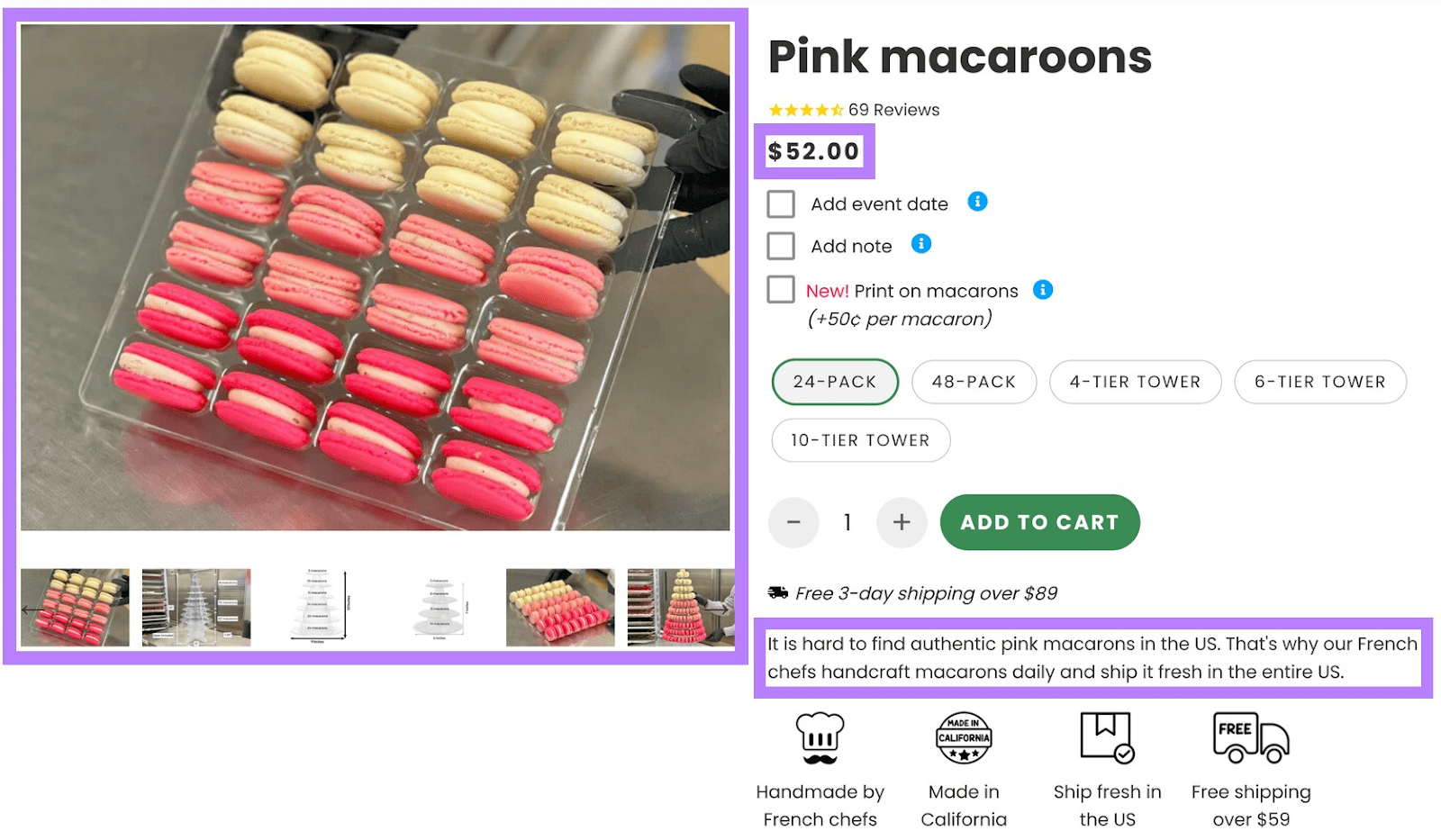 A product listing for "pink macaroons" with photos, description and price sectuons highlighted