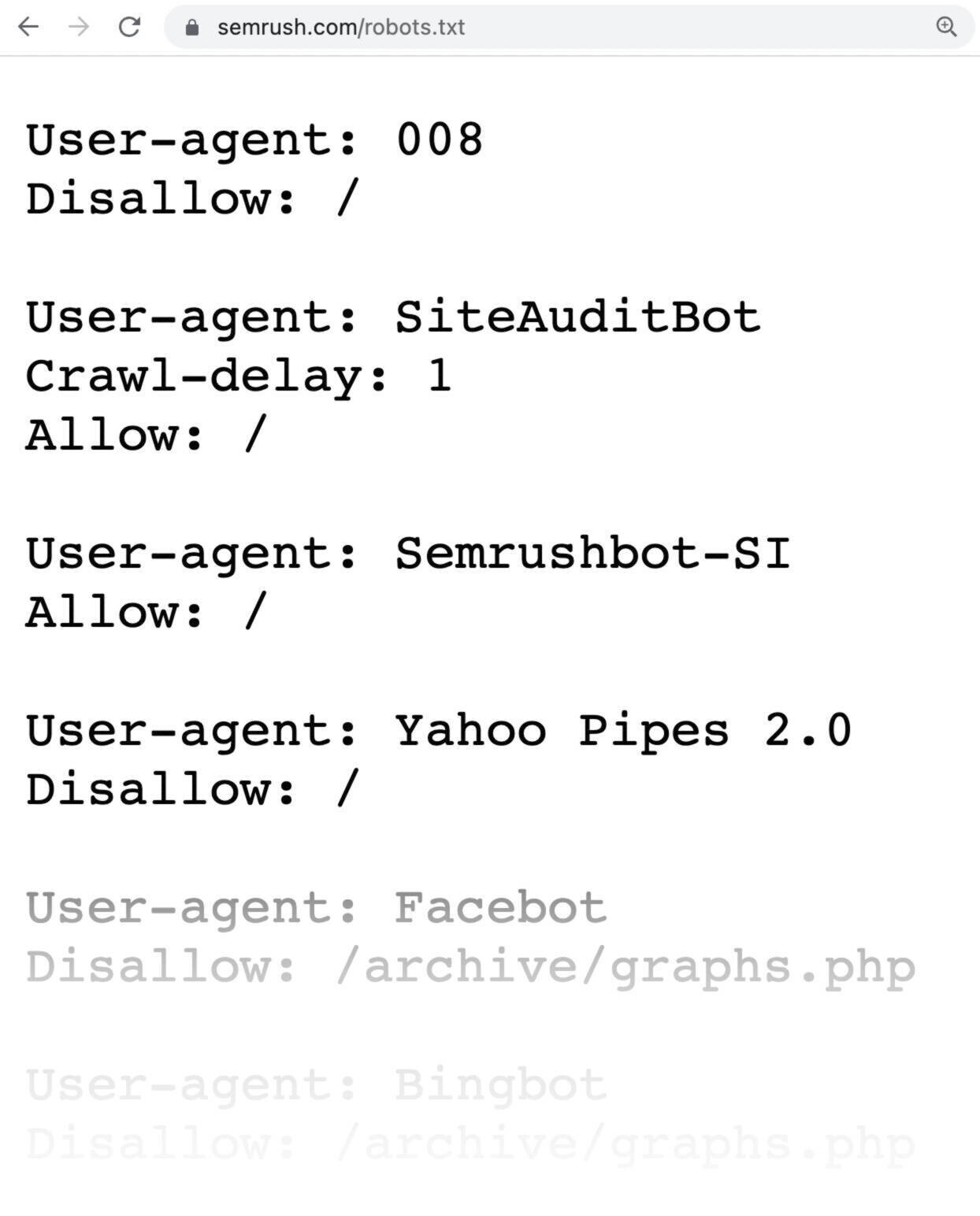 A section of Semrush’s robots.txt file
