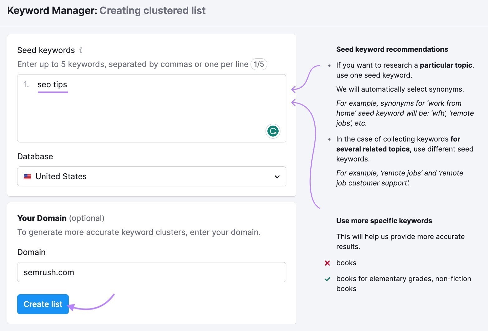 "Creating clustered list" page in Keyword Manager tool