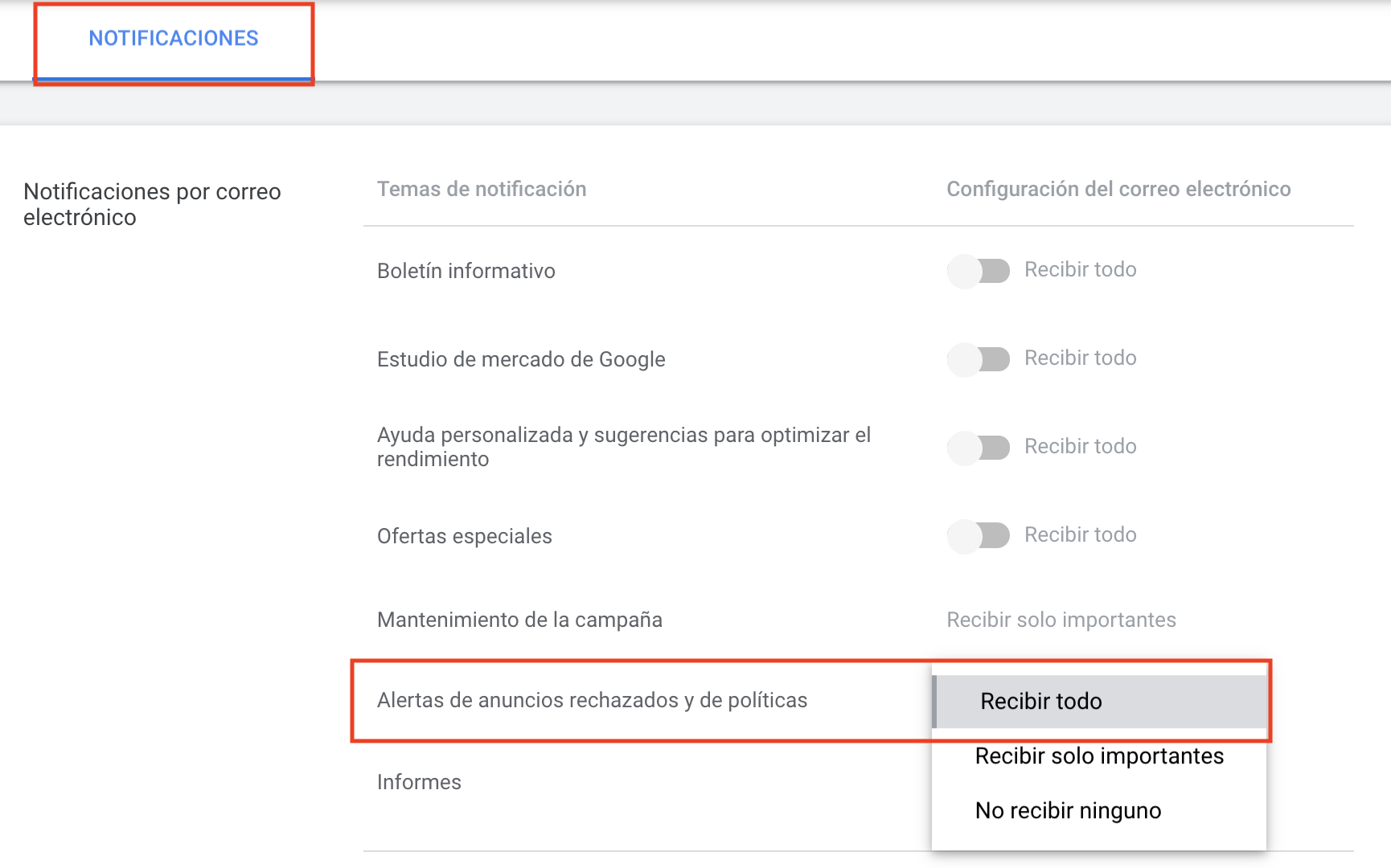 Informes de marketing - Notificaciones de Google Ads